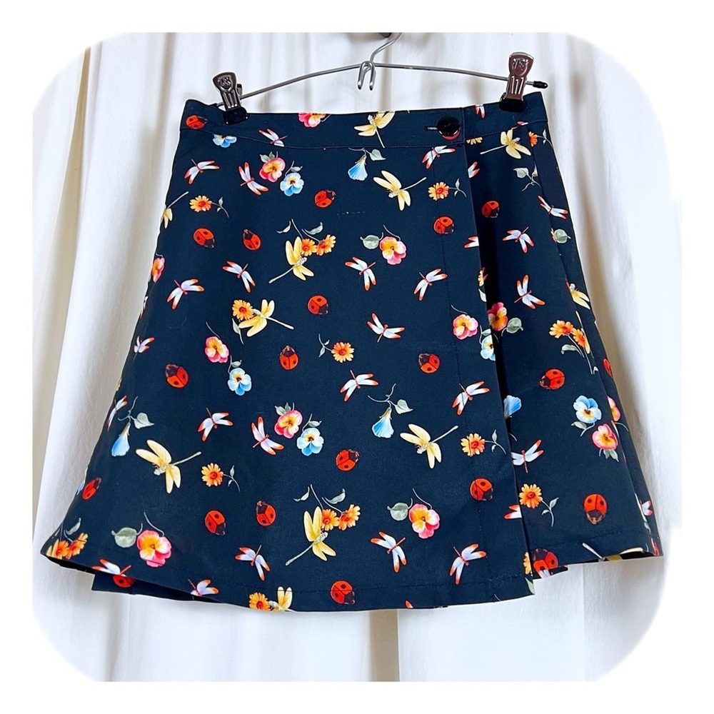 VTG 80s Dragonfly Ladybug Print Wrap Mini Skirt Sz S 28”